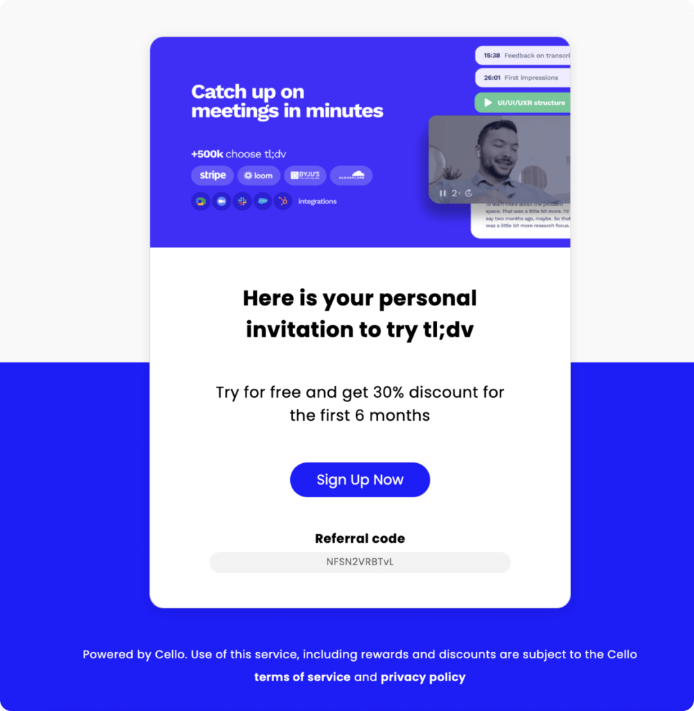 Referral program landing page for referees