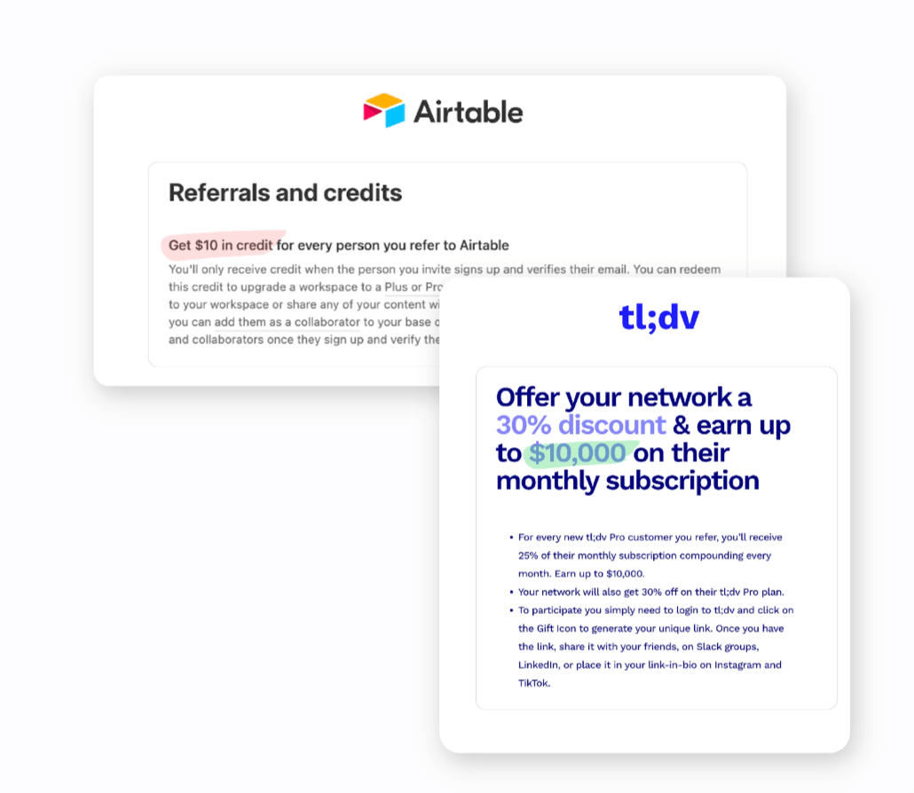 Different reward types in the referral program of Airtable and tl;dv