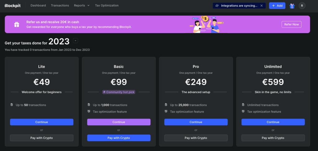 Image showing referral program banner on Blockpits pricing page