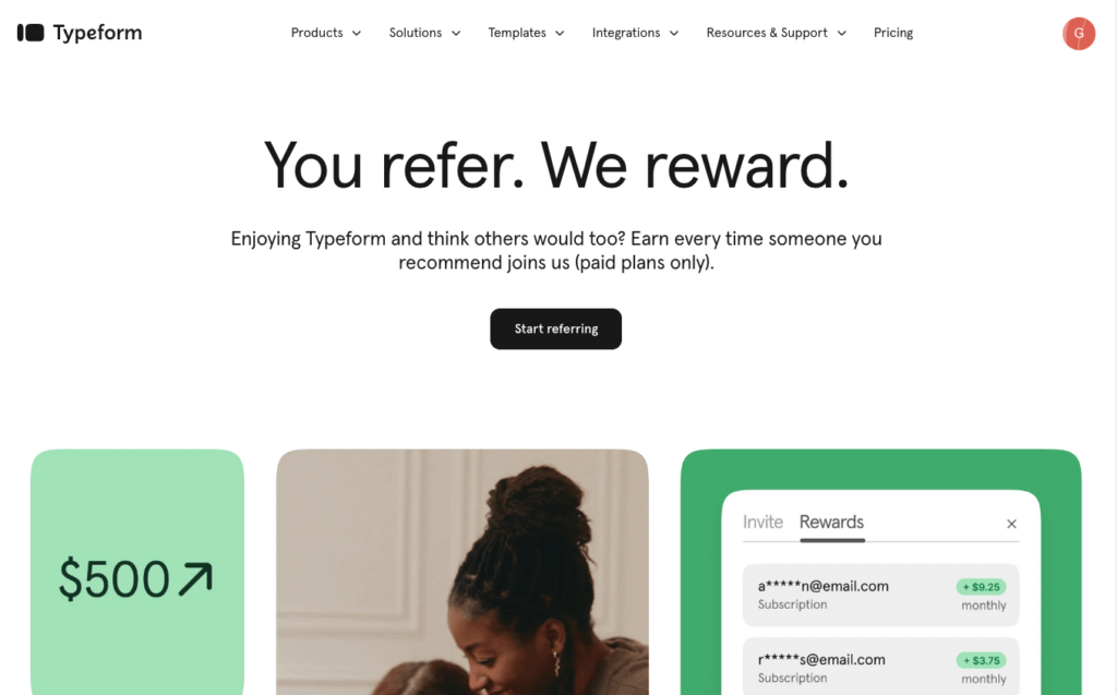 Typeform's referral program landing page