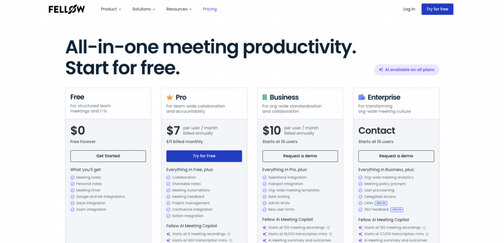 Fellow's pricing page