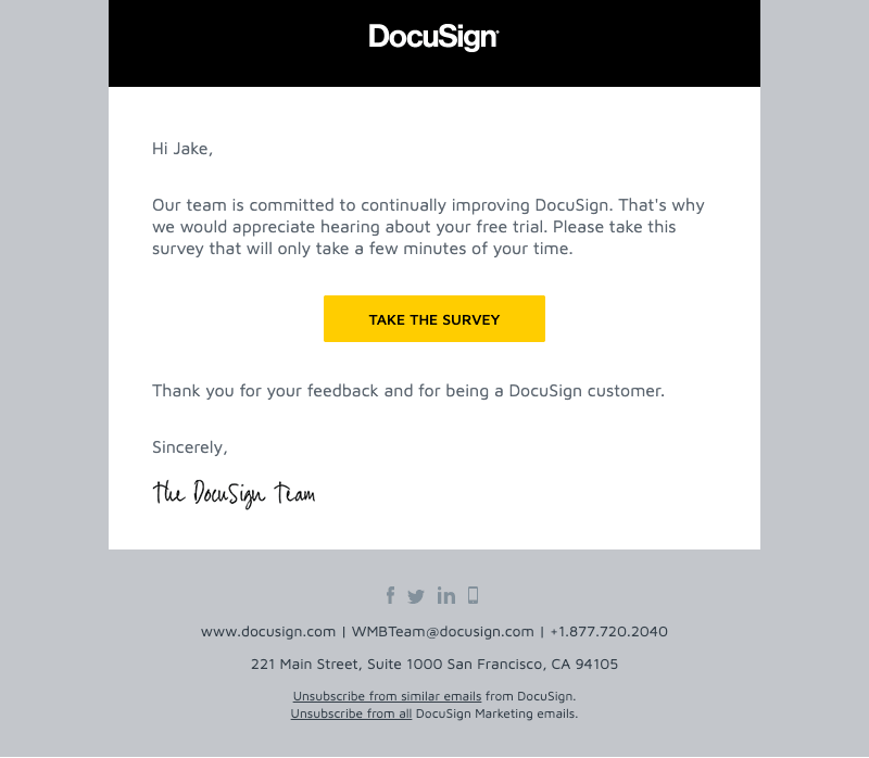 An example of a feedback survey by DocuSign