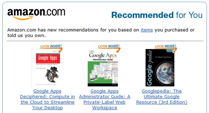 a screen showing amazon recommendations