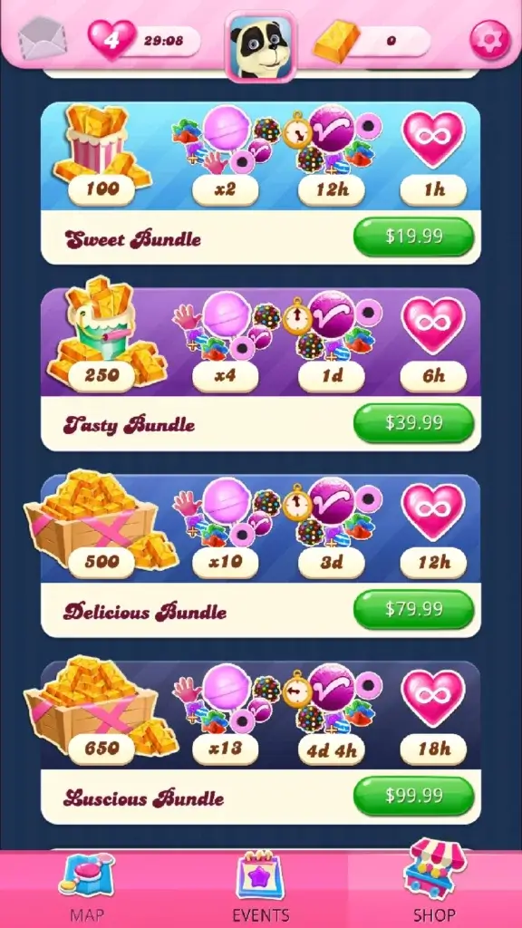 a screen showing candy crush's in-app purchases