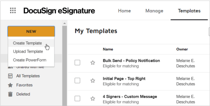 DocuSign's landing page for esignature templates