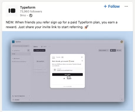 Visual showing how Typeform announced the launch of their referral program on social media