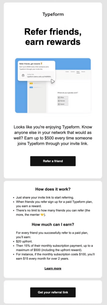 Visual showing Typeform E-Mail campaign upon moments of delights