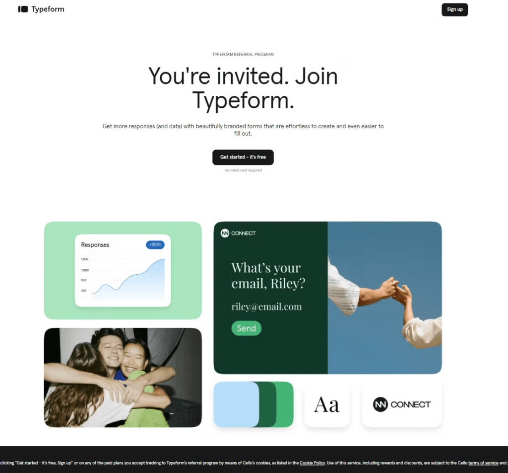 Visual showing Typeform’s referral program landing page for new users sign ups 