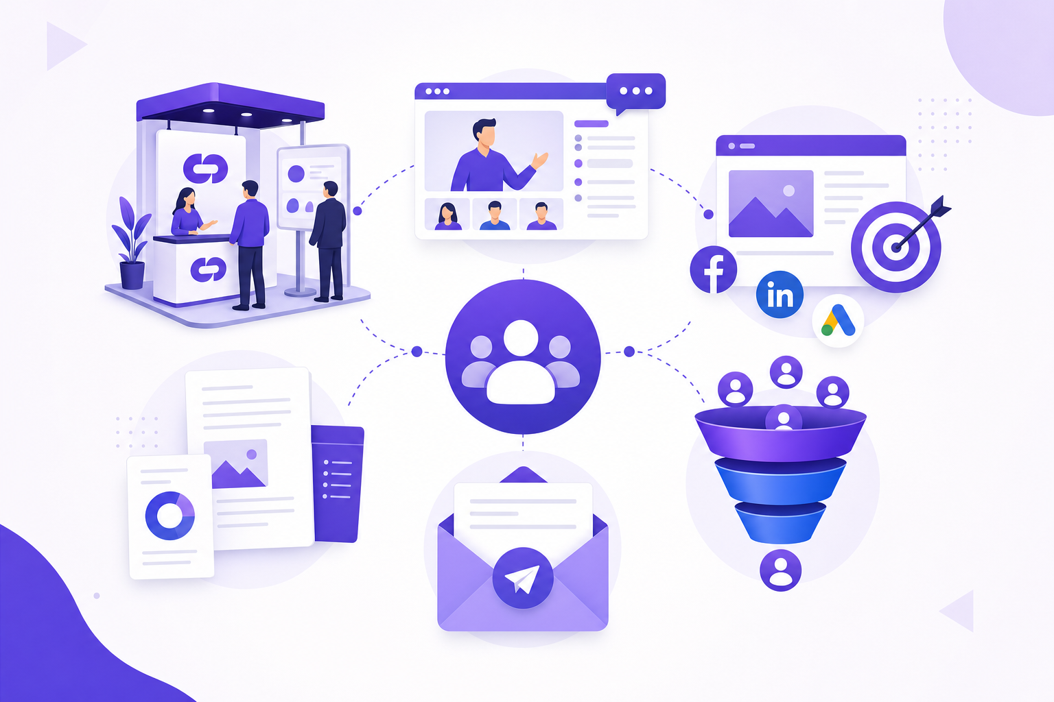 A clean, professional illustration showing various B2B marketing activities and channels in a modern SaaS style. Include visual representations of: trade show booth, webinar screen, digital advertising icons, content documents, email campaign, and lead generation funnel. Use a purple and blue color palette with geometric shapes and icons arranged in a balanced grid or circular layout. Modern B2B aesthetic, no text or letters.