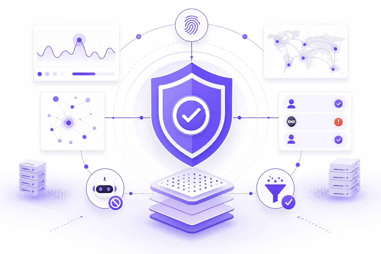 A clean, modern technical illustration showing fraud detection and security monitoring for a B2B SaaS platform. The image should depict: a shield or security badge in the center, surrounded by detection elements like network monitoring nodes, alert indicators, and verification checkmarks. Include visual elements representing automated detection patterns, bot filtering, and security layers. Use a professional purple and white color scheme with Blue Violet #704EF1 as the primary accent color. The style should be minimal, technical, and suitable for a B2B SaaS audience with a focus on security and fraud prevention. No text or letters should appear in the image.