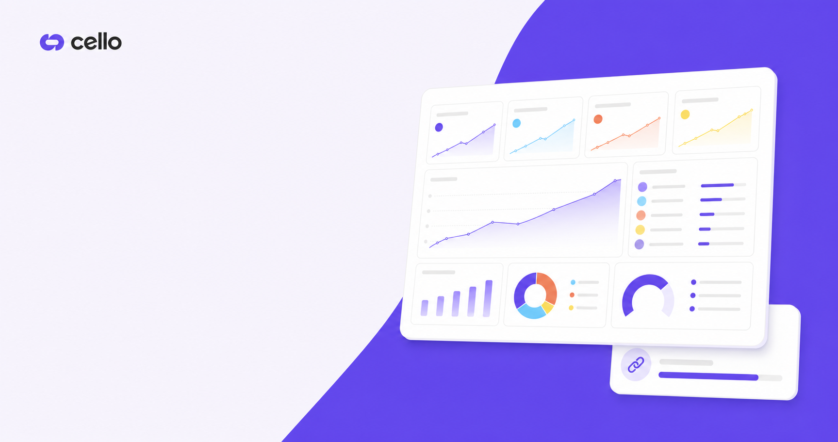 A clean, modern analytics dashboard displaying key performance metrics for a B2B SaaS referral program. Show multiple metric cards or panels with upward trending line graphs, percentage indicators, and data visualizations. Include visual elements like progress bars, pie charts showing conversion funnels, and clean numerical displays. Professional B2B SaaS style with blue and purple gradients, minimal geometric shapes, clean lines, modern UI design. No text, words, numbers, or letters visible.