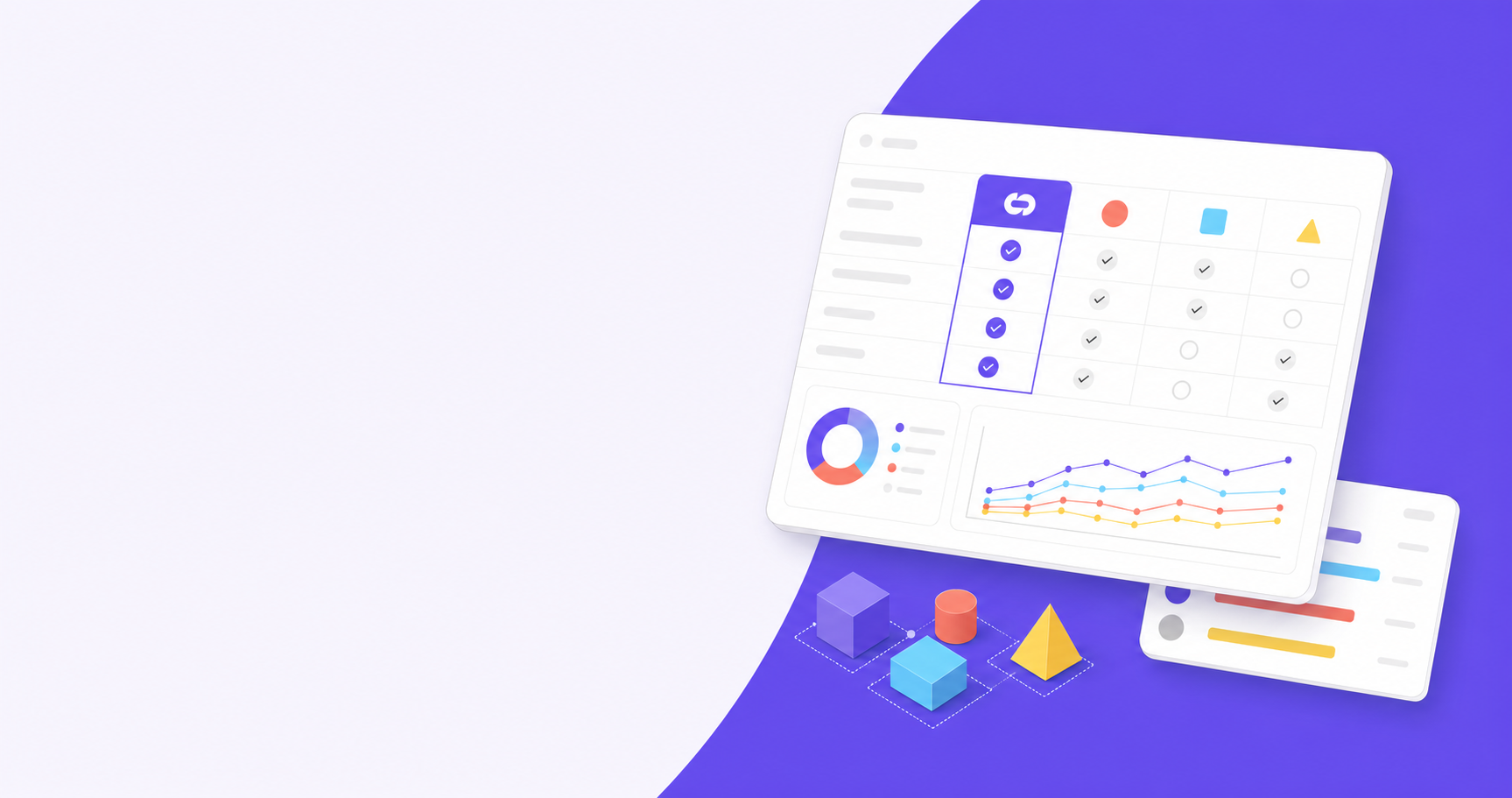 Modern abstract illustration showing software comparison and evaluation concept, featuring geometric shapes representing different platforms or tools being analyzed side by side, clean minimal design with blue and purple gradient accents, professional SaaS software aesthetic, dashboard elements and metrics visualization in the background, isometric perspective