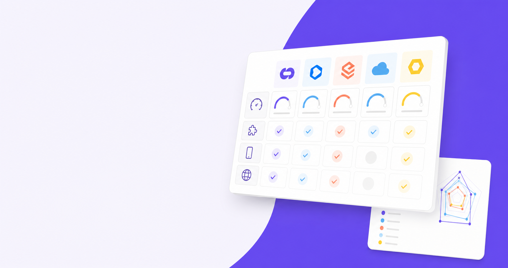 A clean, modern illustration showing a software evaluation dashboard or comparison framework. Display multiple software platforms represented as abstract cards or tiles arranged in a grid layout, with checkmarks, metrics badges, and evaluation criteria icons (like a speedometer for performance, a puzzle piece for integration, a mobile phone for SDK support, and a globe for global coverage). Use a professional blue and purple gradient color scheme with geometric shapes. The illustration should be minimalist, technical, and suitable for a B2B SaaS context, showing the concept of comparing and ranking different tools side by side. No text, labels, or letters.