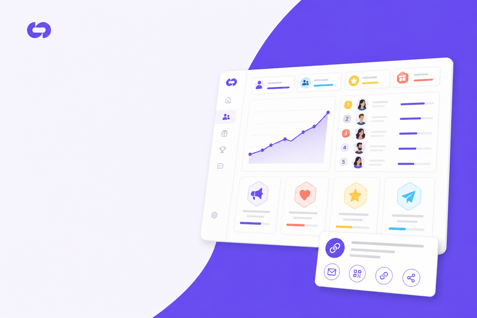 Modern illustration of B2B SaaS community and customer advocacy platform, diverse professionals engaging in an online community hub, ambassador program members sharing content and participating in challenges, gamification elements like badges and tiers, user-generated content workflow, clean corporate aesthetic with purple and blue gradient tones, isometric perspective showing connected community members, professional and collaborative atmosphere