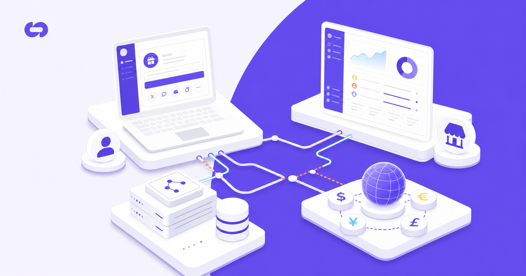 A clean, modern technical diagram showing a hybrid SaaS referral system architecture with four interconnected components: an in-product widget interface on a laptop screen, a partner portal dashboard, a server-side attribution engine with data flows, and a global payment infrastructure with currency symbols. Use a professional blue and purple color scheme with geometric shapes, connecting lines showing data flow between components, minimal icons representing users and partners. Isometric perspective, no text or labels.