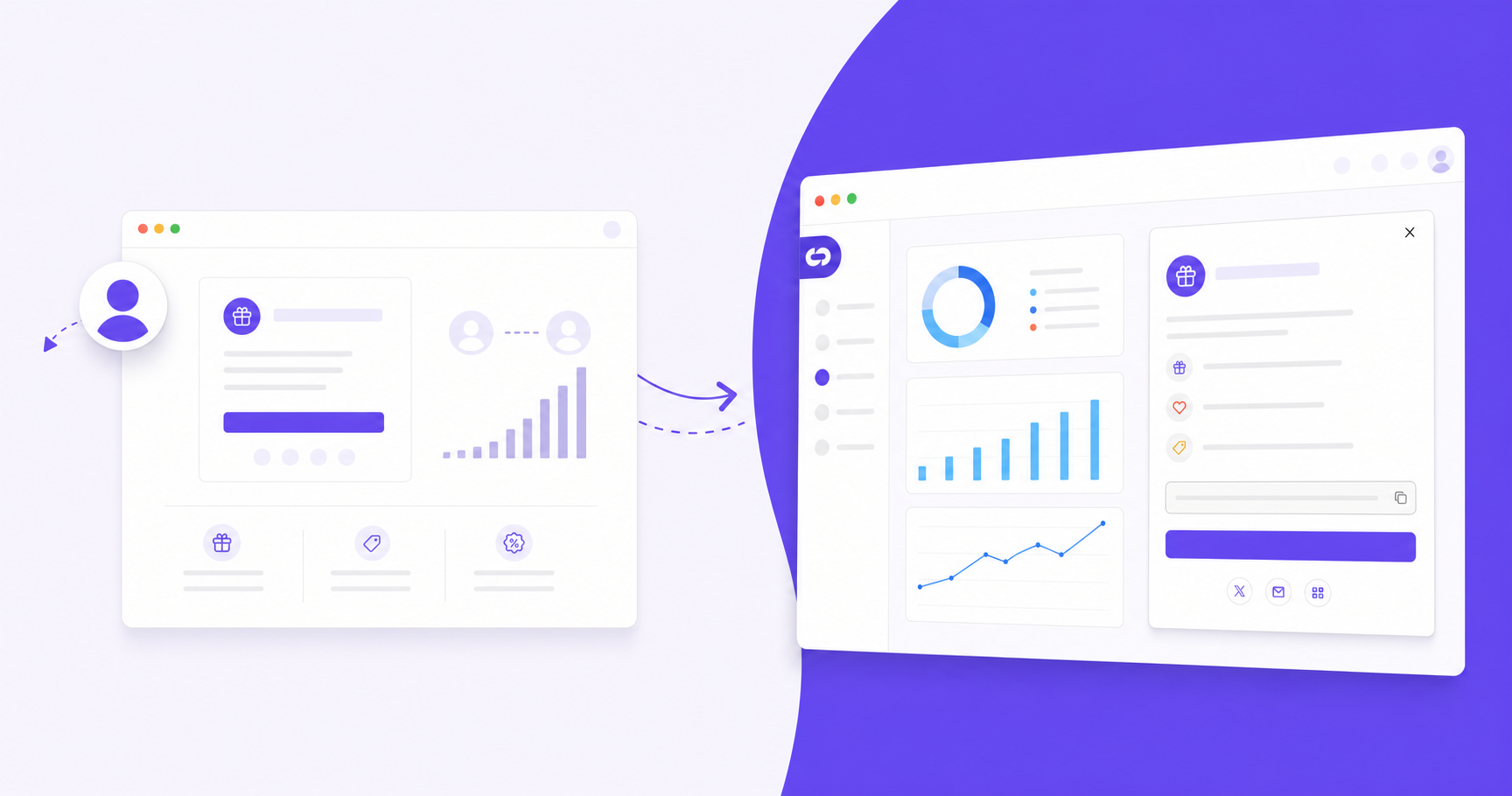 A clean split-screen digital illustration comparing two product interfaces side by side. On the left, a user navigating away from a SaaS dashboard to an external standalone referral portal page — shown as a separate browser window outside the main app, with arrows indicating the user leaving the product. On the right, the same SaaS dashboard with a smooth in-product referral widget embedded directly inside the authenticated interface, appearing as a floating panel or modal within the app UI. Muted blue and grey tones, modern flat design style, no text or labels anywhere in the image.
