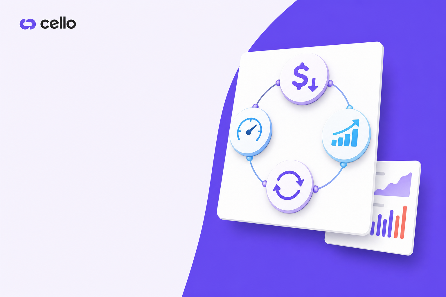 Modern minimalist infographic showing B2B SaaS referral marketing benefits: four interconnected circular nodes representing CAC reduction (dollar sign with downward arrow), higher customer lifetime value (upward trending graph), faster conversion (speed meter), and compounding growth loop (circular arrows). Clean geometric design, professional blue and purple gradient color scheme, isometric perspective, tech startup aesthetic, no text or letters