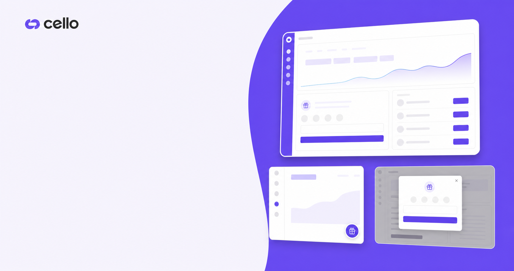 Modern software interface showing three different referral widget UI patterns side by side: an inline embedded widget block integrated into a dashboard layout, a floating action button anchored to the corner of a screen, and a centered modal popup overlay. Clean, minimalist SaaS product design with blue and purple gradients. Flat design style showing desktop application interfaces with abstract UI elements, buttons, and card components. No text or letters visible.