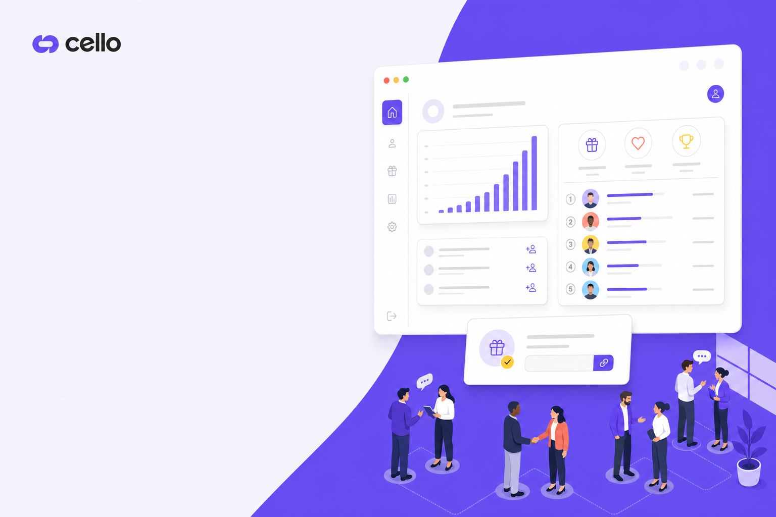 Modern illustration of B2B professionals networking and sharing recommendations, diverse business people in a contemporary office setting having conversations and making connections, clean corporate aesthetic with soft blue and purple tones, isometric perspective, professional and trustworthy atmosphere