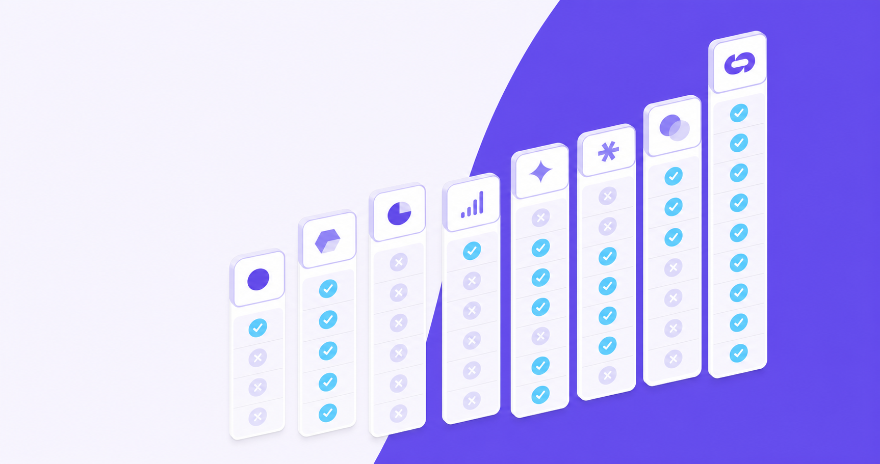 A clean horizontal capability comparison visualization showing eight vertical columns representing different software platforms, with checkmarks and X marks in rows indicating feature presence or absence. Use a professional blue and purple gradient color scheme. The columns should vary in height based on capabilities covered, with one column significantly taller showing full coverage while others show gaps. Modern, minimalist design with geometric shapes, no text or labels, isometric perspective.