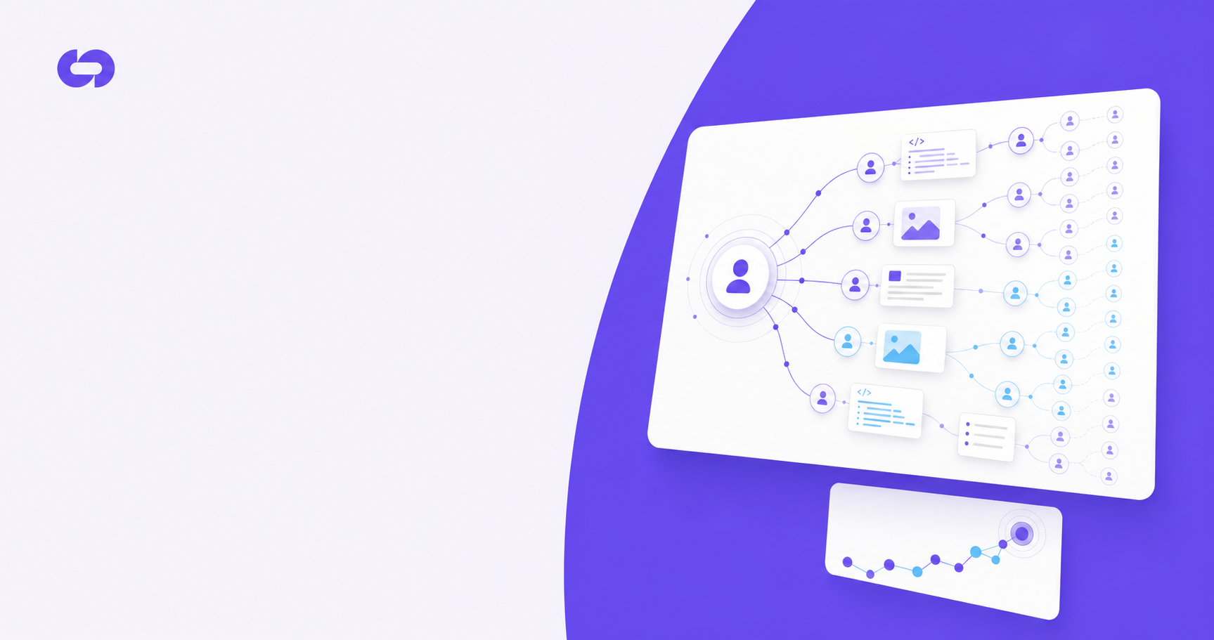 A clean, modern illustration showing a network or loop visualization representing viral growth and referrals in AI tools. The image should depict interconnected nodes or circles flowing outward in an exponential pattern, with abstract representations of AI-generated content (like image thumbnails, code blocks, or document icons) at various nodes. Use a professional tech color palette with blues, purples, and whites. The style should be minimalist and diagram-like, conveying the concept of compounding user-to-user growth without any text or labels.