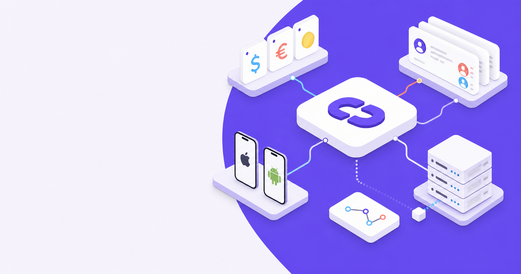 A clean, modern technical diagram showing SaaS software integration architecture. Central referral platform node connected to multiple systems: billing system with currency symbols, CRM database with contact cards, mobile devices showing iOS and Android icons, and server infrastructure. Use a professional blue and purple gradient color scheme with connecting lines and data flow arrows. Isometric perspective, minimal flat design style, no text or labels.