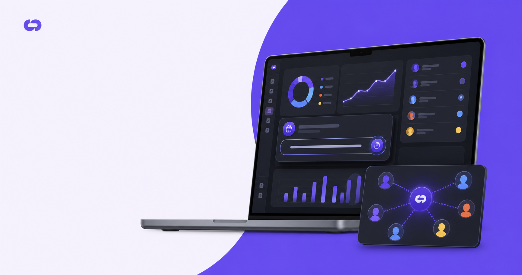 A sleek SaaS product dashboard interface displayed on a modern laptop screen, with a referral sharing widget elegantly embedded inside the product UI, glowing invite links and connected user network nodes radiating outward, illustrated in a clean blue and purple gradient style, dark mode interface aesthetic, no text or labels