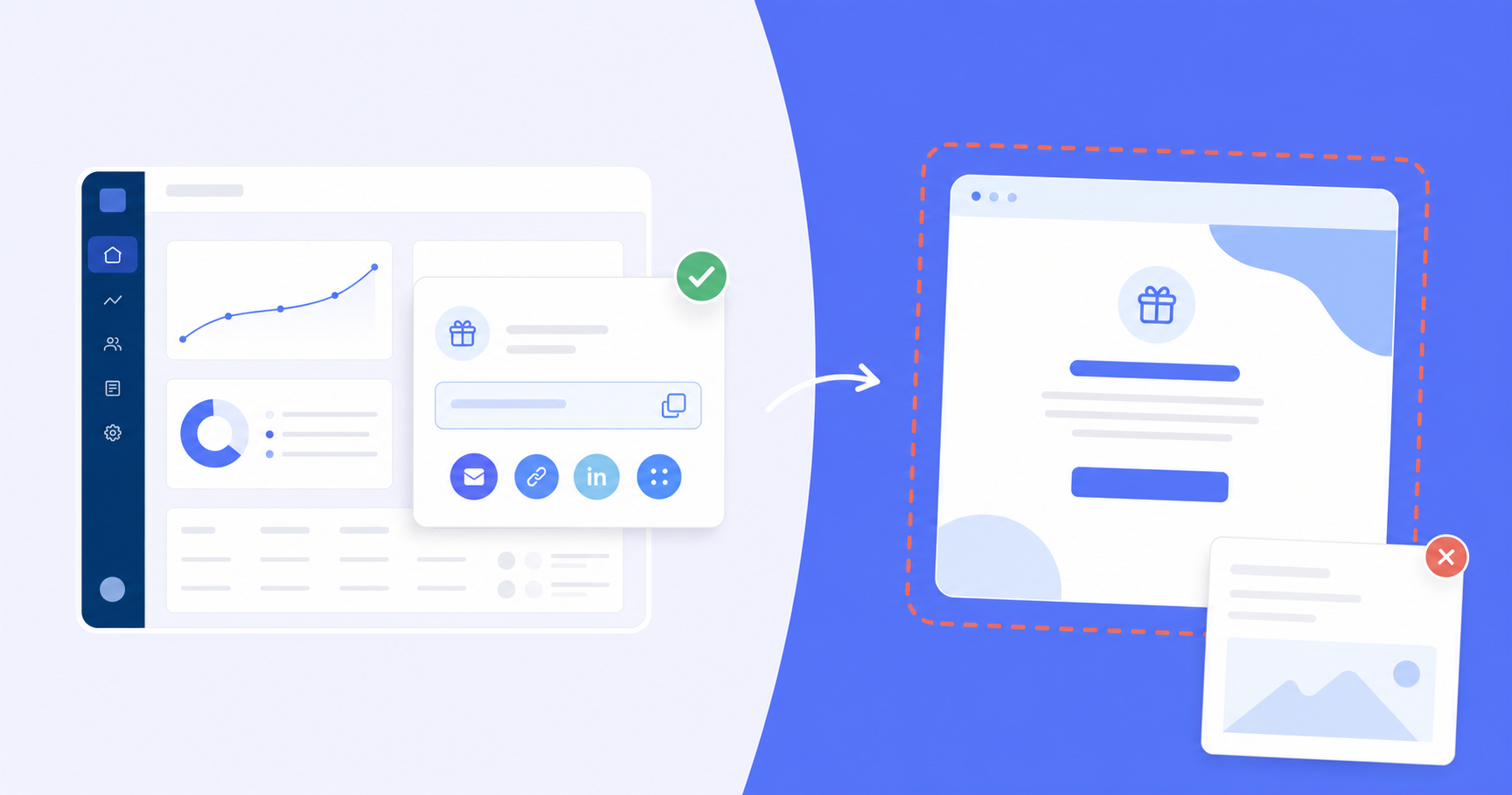 A clean flat design illustration showing two contrasting product interface scenarios side by side. On the left, a SaaS product dashboard with a floating referral widget embedded directly inside the app interface, showing a user sharing from within a logged-in product screen, with a green checkmark indicator. On the right, a browser tab redirecting to an external standalone landing page, disconnected from the app, with an arrow showing the user leaving the product, and a red dashed border indicating broken flow. Blue and green color palette, minimal and modern, no text or labels.