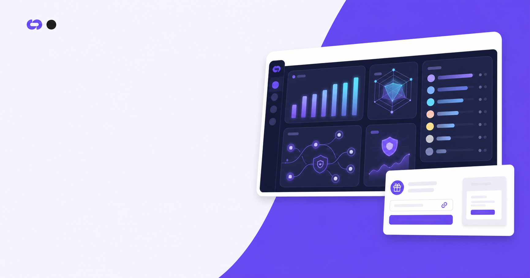 A clean, modern data visualization dashboard showing multiple SaaS tool comparison metrics as glowing bar charts and radar graphs on a dark blue interface, with interconnected nodes representing attribution flows, shield icons for fraud protection, and layered product UI panels showing embedded referral widgets, depicted in a sleek blue and purple gradient style with no text or labels