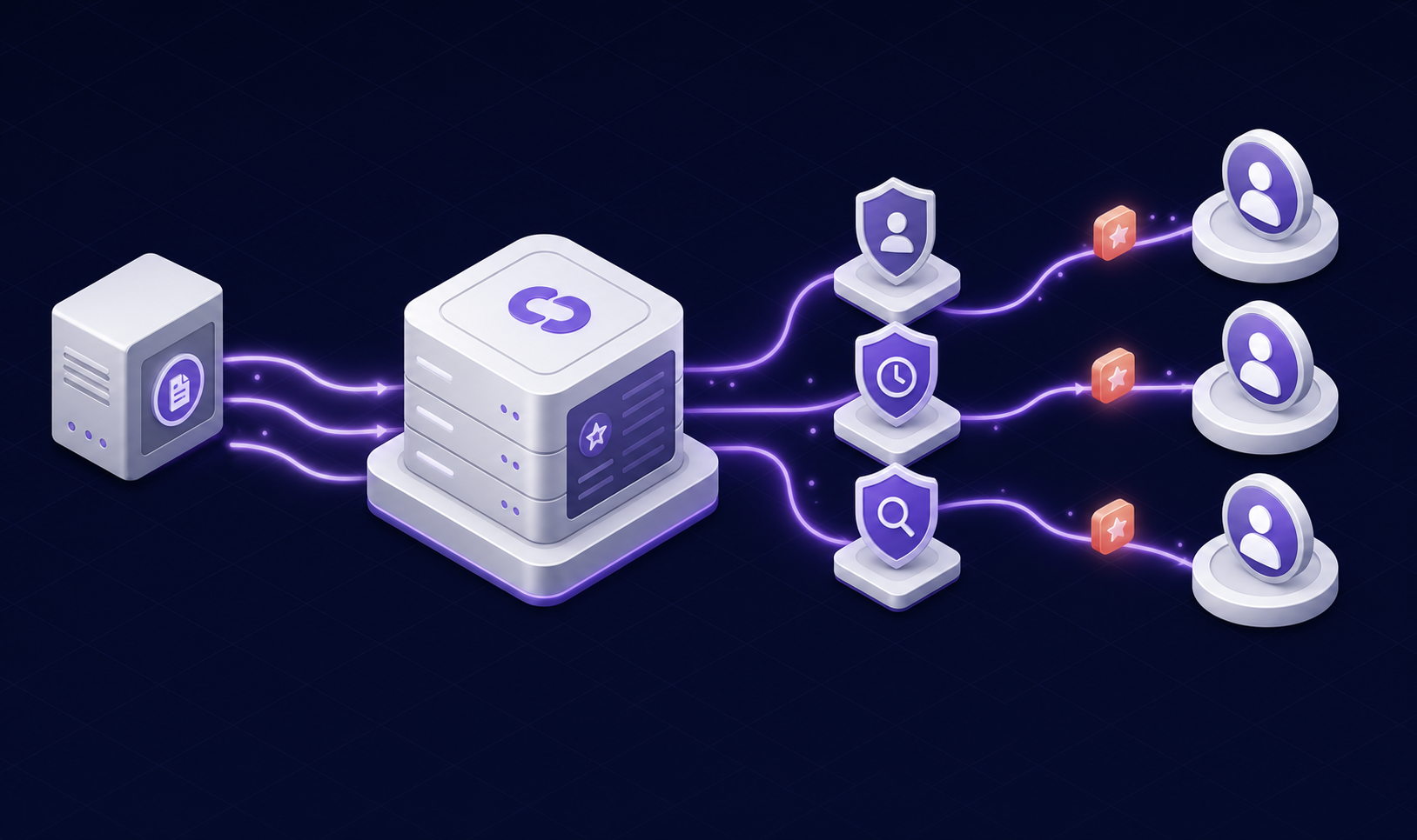 A clean isometric illustration of a server-side referral attribution pipeline for a SaaS application. A billing system node emits webhook signals (representing an invoice.paid event) into a central server-side attribution layer that reads a referrer code from billing metadata. The flow passes through a fraud-check stage shown as shield icons (self-referral matching, refund-window delay, review queue), then outputs reward payout tokens to referrer user profile nodes. Glowing data flows connect each stage with soft purple gradient lines (brand color #704EF1) and neutral gray accents. Absolutely no green anywhere. Minimal, professional, operator-grade style on a dark navy background with a subtle grid. No text, labels, numbers, or logos anywhere in the image.