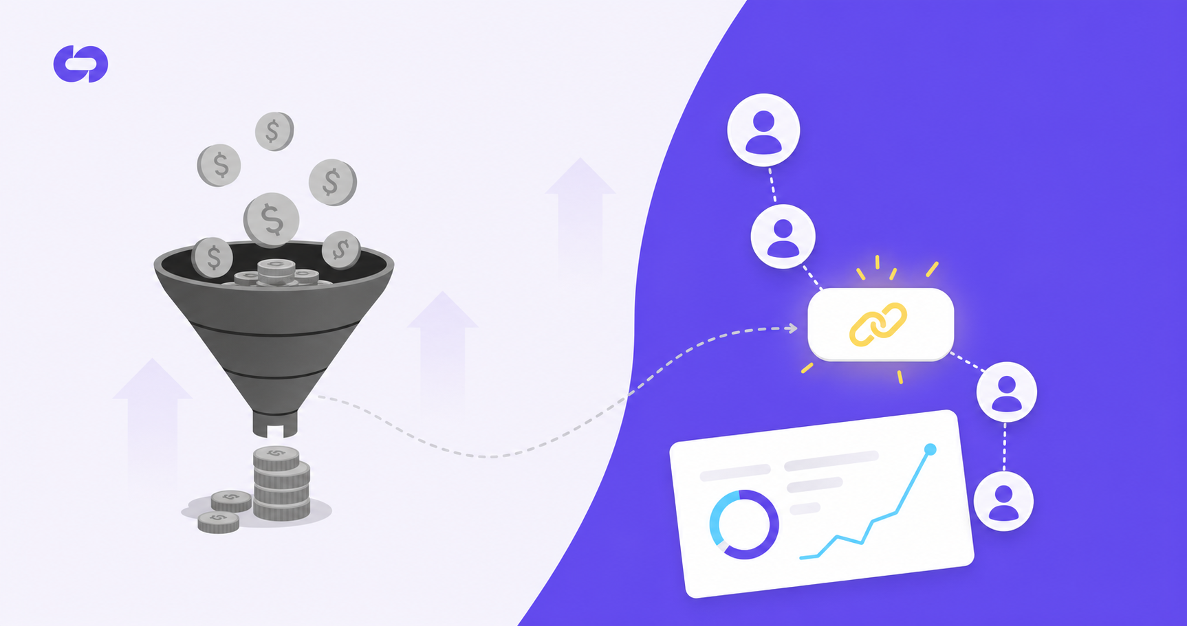 A clean, modern split comparison illustration showing two paths: one path with a heavy, expensive-looking funnel filled with coins and dollar signs representing costly paid advertising, and another lighter, efficient path showing connected people icons passing a glowing referral link badge between them, set against a minimal light background with subtle upward growth arrows, B2B SaaS aesthetic, flat design style