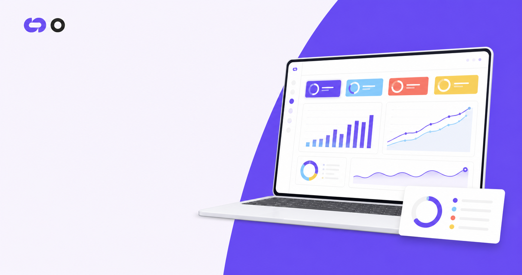 A modern digital dashboard interface displayed on a sleek laptop screen, showing charts, graphs, and data panels representing partner analytics — bar charts showing conversion rates, circular progress indicators, line graphs trending upward, colorful data cards with metrics, all in a clean blue and white professional UI design, soft ambient lighting, no text or labels