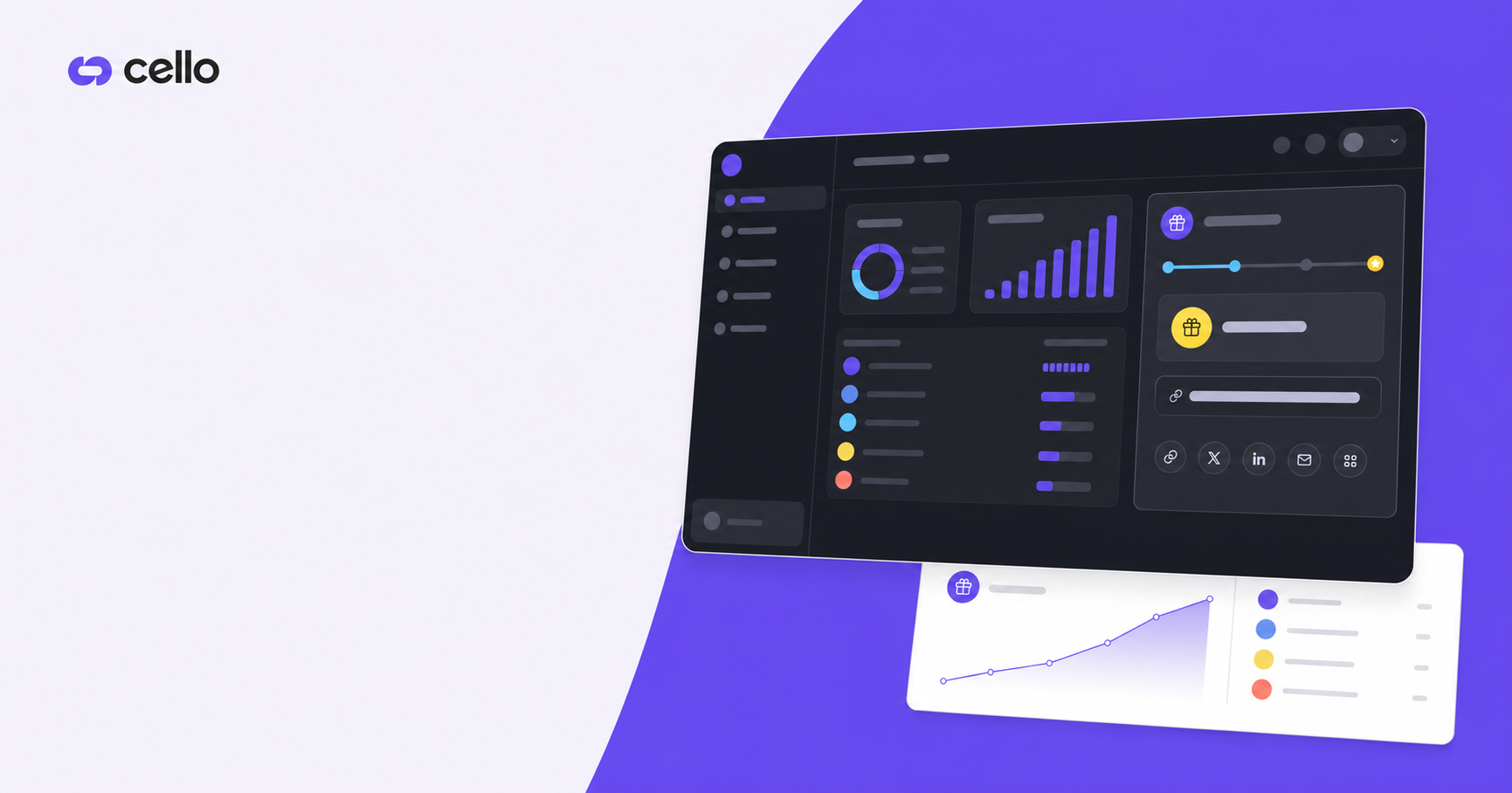 A clean, modern dashboard interface showing a referral program widget embedded natively inside a SaaS product UI. The widget displays a referral invite panel with share icons, a progress indicator, and reward status. The surrounding interface shows typical SaaS app navigation elements — sidebar menu, top bar, content panels — all in a cohesive dark-mode design with purple and blue accent colors. No text, no words, no letters anywhere in the image.