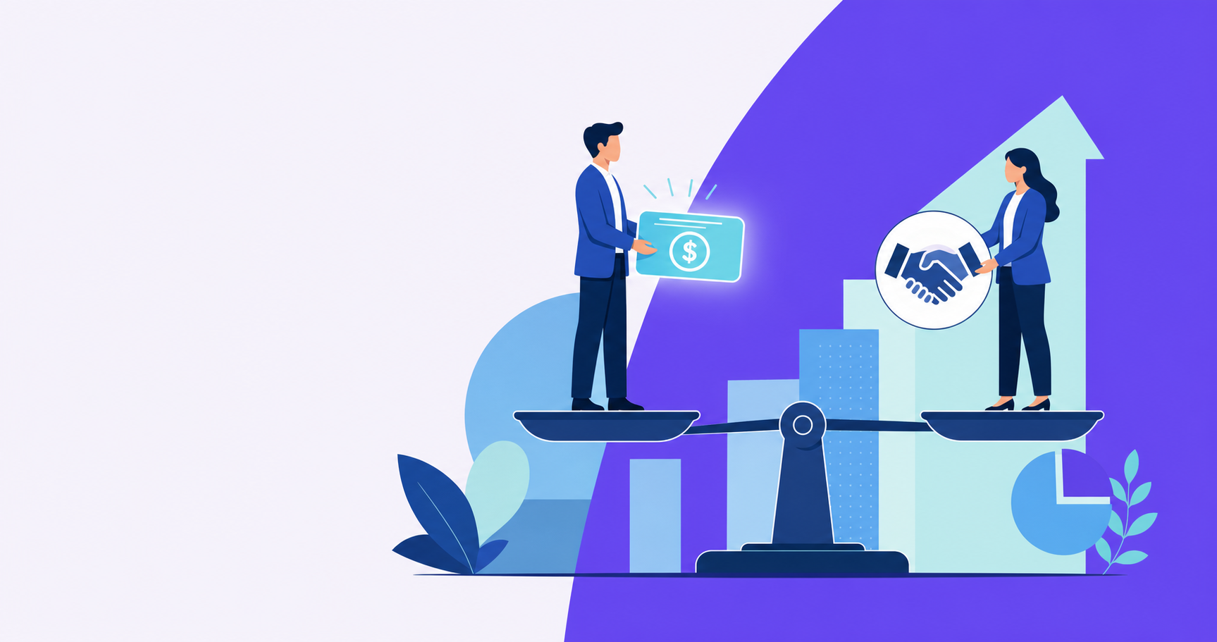 A clean, modern flat illustration showing a B2B incentive and reward structure concept: two professional figures on opposite sides of a balanced scale, one side holding a glowing cash card and the other holding a handshake symbol, with abstract geometric shapes representing business growth in the background, blue and teal color palette, minimal and professional style, no text