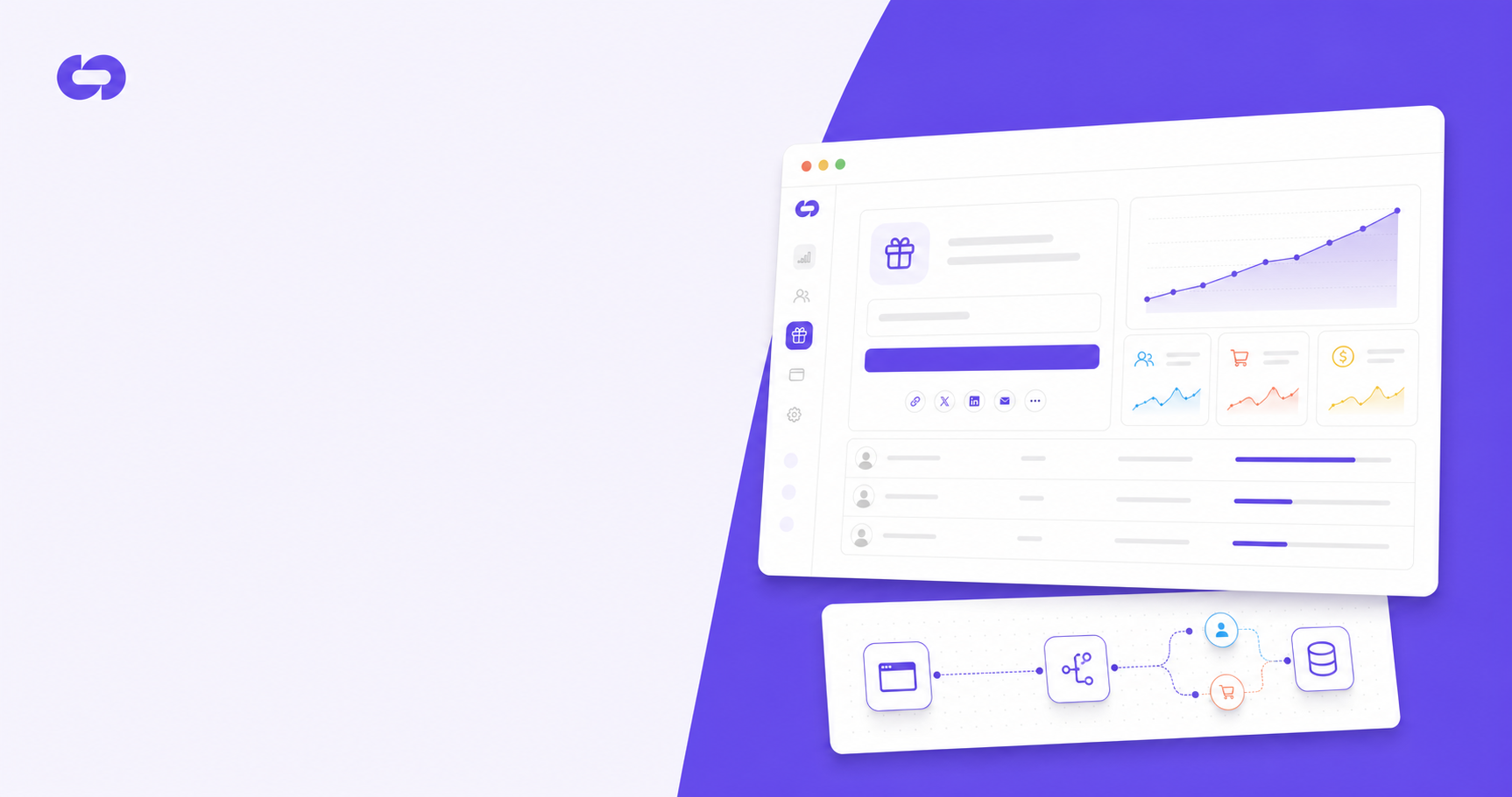 Modern SaaS dashboard interface showing a clean referral program widget embedded within a product application, with abstract visualization of server-side attribution flow connecting user actions to billing events, featuring interconnected nodes representing product integration, attribution tracking, and billing system sync, professional B2B software aesthetic with blue and purple gradient accents, isometric perspective, minimalist design