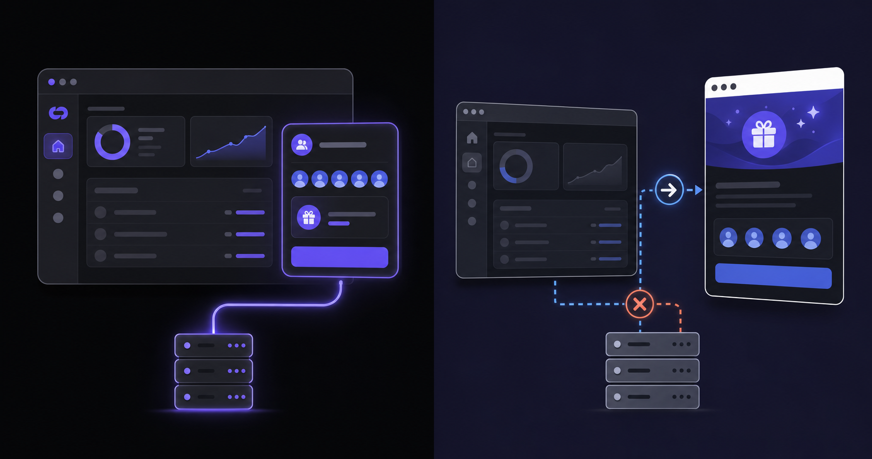 A split-screen conceptual diagram showing two contrasting software architecture approaches side by side. On the left, a clean modern SaaS product interface with a referral widget embedded natively inside the app — glowing connection lines flowing seamlessly from the app UI to a server icon, representing server-side attribution. On the right, a user being redirected outside the app to a separate standalone external portal page, with a broken or interrupted connection line symbolizing cookie-based tracking. Both sides use dark-mode styling with subtle blue and purple accent colors. No text, no words, no letters, no labels anywhere in the image.