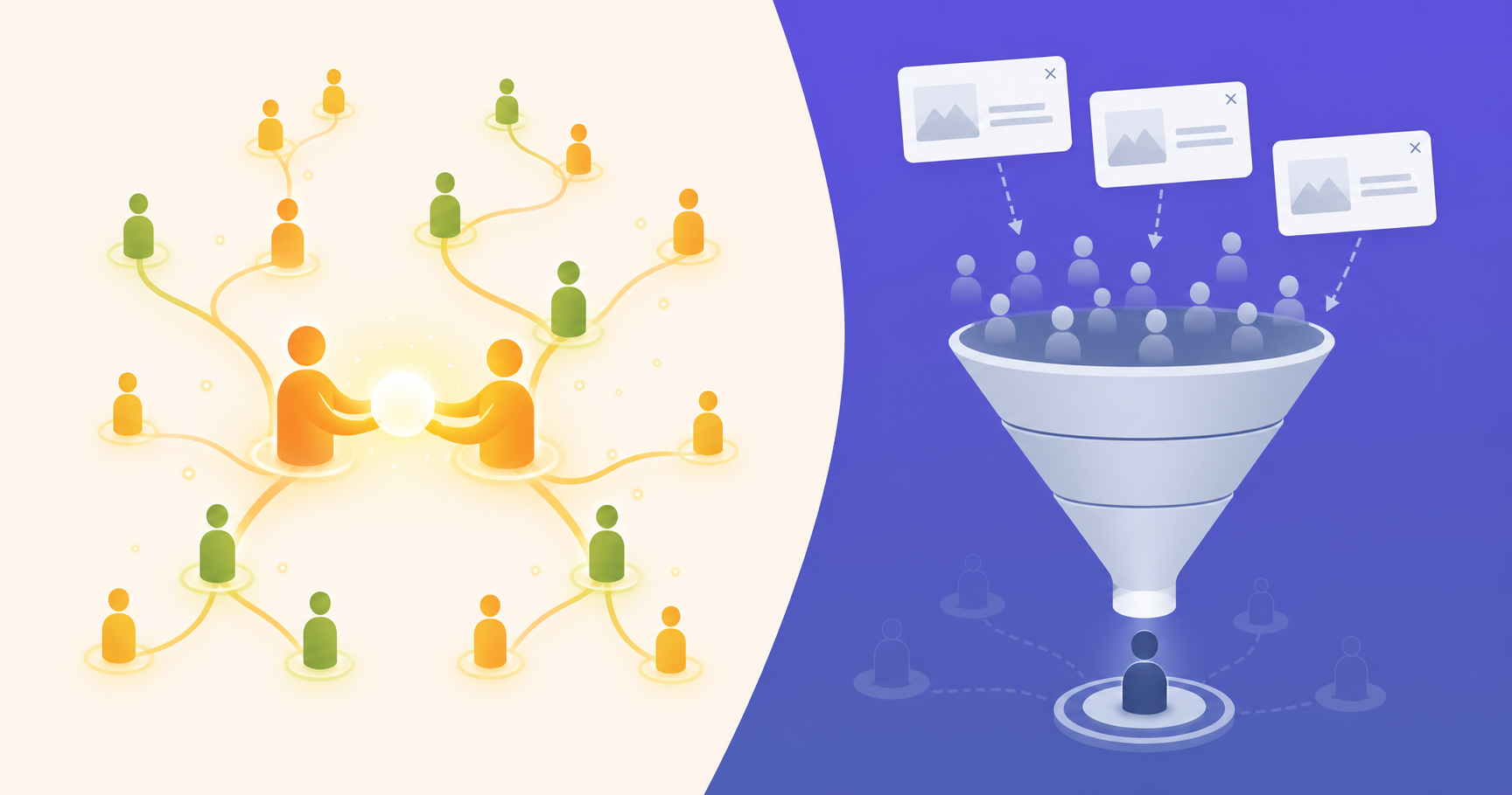 A split comparison diagram showing two paths of customer acquisition. On the left side, a warm organic network of interconnected human figures passing a glowing orb of trust between them, representing referral-driven growth with branching connections multiplying outward. On the right side, a cold mechanical funnel with digital ad banners and anonymous silhouettes flowing downward into a single conversion point. The left side glows in warm amber and green tones suggesting growth and retention; the right side uses cool blue-gray tones suggesting transactional, one-time interactions. Clean, modern flat illustration style with no text.