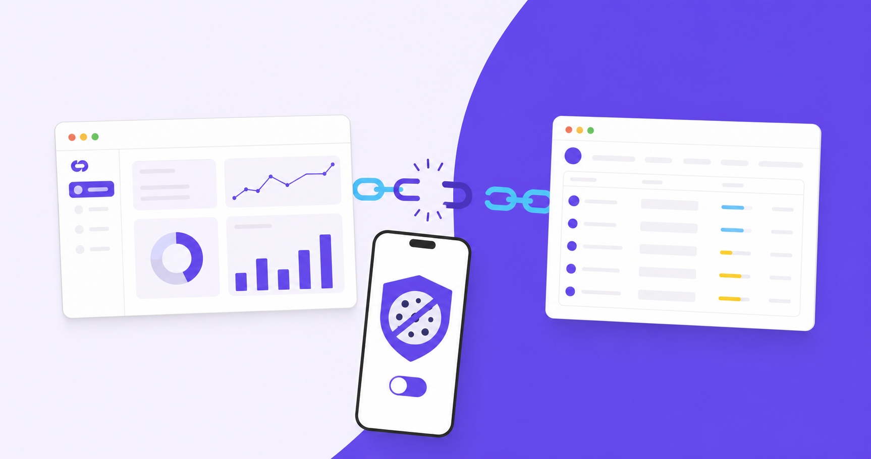 A conceptual illustration showing a broken digital connection chain between a SaaS product interface and an external portal, with a mobile phone displaying a privacy shield blocking a cookie symbol, representing the gap between in-product user sessions and external affiliate tracking systems in a B2B software environment. Clean, minimal, modern flat design with blue and purple tones.
