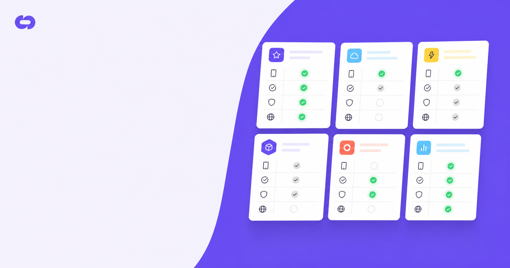 A clean flat-design illustration showing six abstract software tool cards arranged in a grid, each with small icons representing features like mobile devices, checkmarks, shields, and globe symbols. Some cards have glowing green checkmarks on their feature icons while others have grey or empty indicators, visually conveying a feature comparison matrix. Modern SaaS aesthetic, blue and green color palette, no text or labels anywhere in the image.