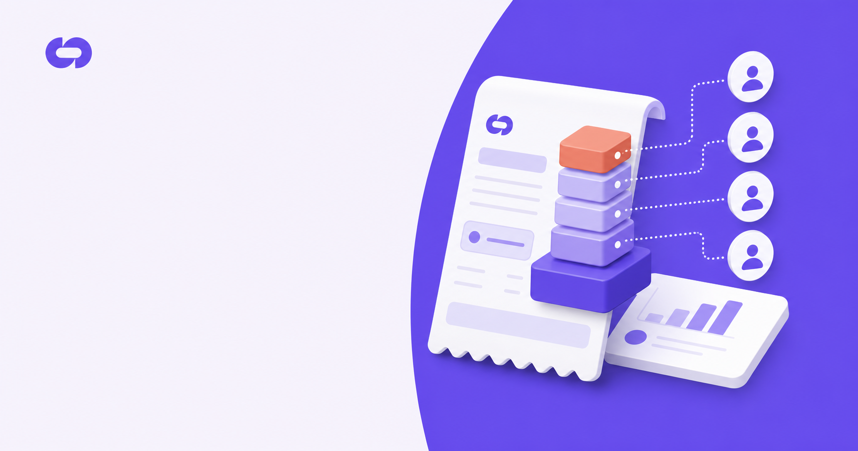 Isometric B2B SaaS illustration showing a flat-rate pricing model with per-referral overage charges: an isometric billing invoice icon with a base price layer and stacked overage charge blocks building upward, connected by dotted lines to referral person icons representing overflow volume. Color palette centered on deep purple (#704EF1) with white and soft blue-gray accents. Isometric 3D flat design style, no people, no text. Professional and modern tech aesthetic suitable for a SaaS pricing comparison blog post.