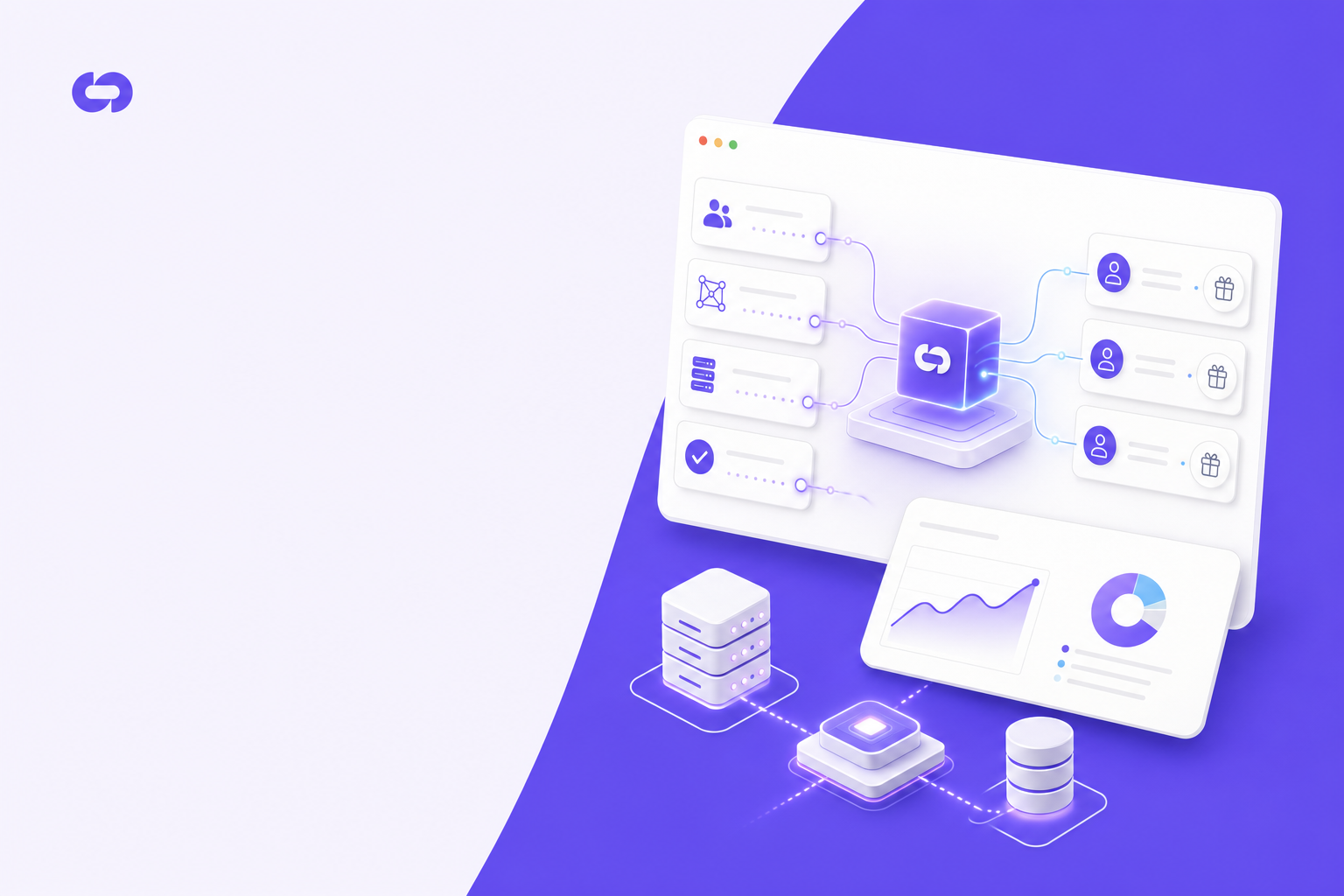 Modern B2B SaaS dashboard interface showing AI-powered referral program automation, featuring abstract representation of server-side attribution with flowing data connections, fraud detection neural network patterns, billing event triggers visualized as synchronized nodes, performance metrics floating in 3D space, clean minimalist design with purple and blue gradient color scheme, isometric perspective, professional enterprise software aesthetic, glowing connection lines between user nodes and partner nodes, automated workflow visualization