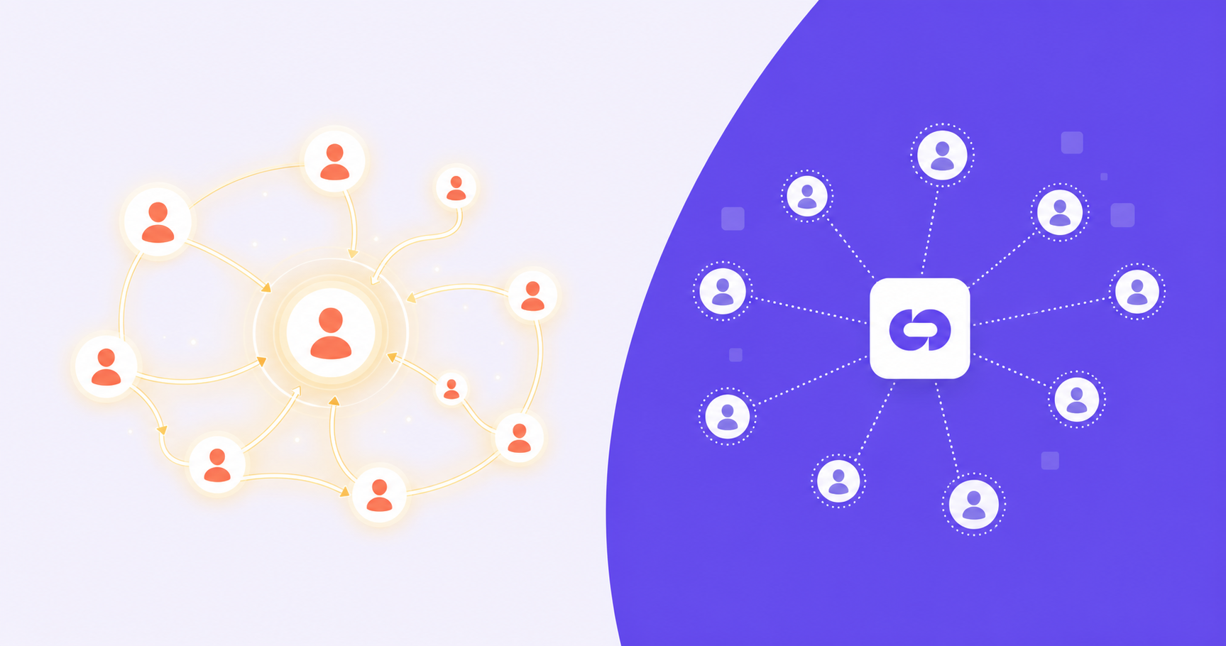 A split visual comparing two acquisition pathways in a B2B SaaS product environment. On the left side, a glowing network of interconnected human figures passing a signal between peers, representing trust-based peer referrals flowing organically through a professional network. On the right side, a more distant, scattered arrangement of anonymous figures connected by thin dotted lines to a central product icon, representing external affiliate-driven traffic with no personal connection. The left network pulses with warm, bright energy; the right side is cooler and more fragmented. Clean, modern flat design with subtle geometric shapes and a professional color palette of deep blue, teal, and white.