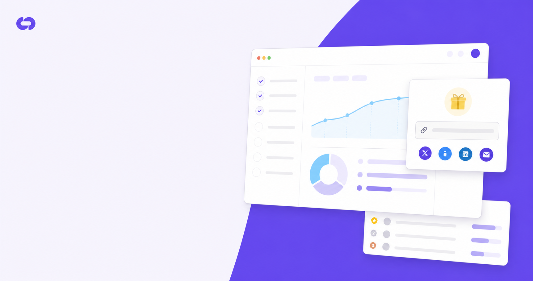 A clean, modern SaaS product dashboard interface showing an onboarding checklist on the left side with completed steps marked with checkmarks, and a referral invite widget panel appearing on the right side of the screen. The widget shows a share link field, social sharing icons, and a reward badge. The overall aesthetic is minimal and professional with a soft blue and white color palette, subtle shadows, and smooth UI components. No text, no words, no labels anywhere in the image.