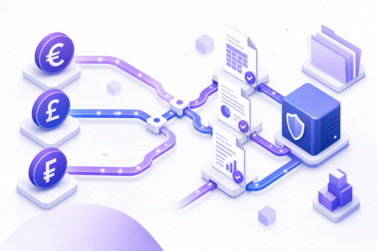A clean, modern illustration showing multiple European currency symbols (euro, pound sterling, Swiss franc) flowing through interconnected payment pathways with document icons representing tax forms and compliance paperwork, set against a minimalist financial technology background in shades of blue and purple, isometric perspective, professional fintech style