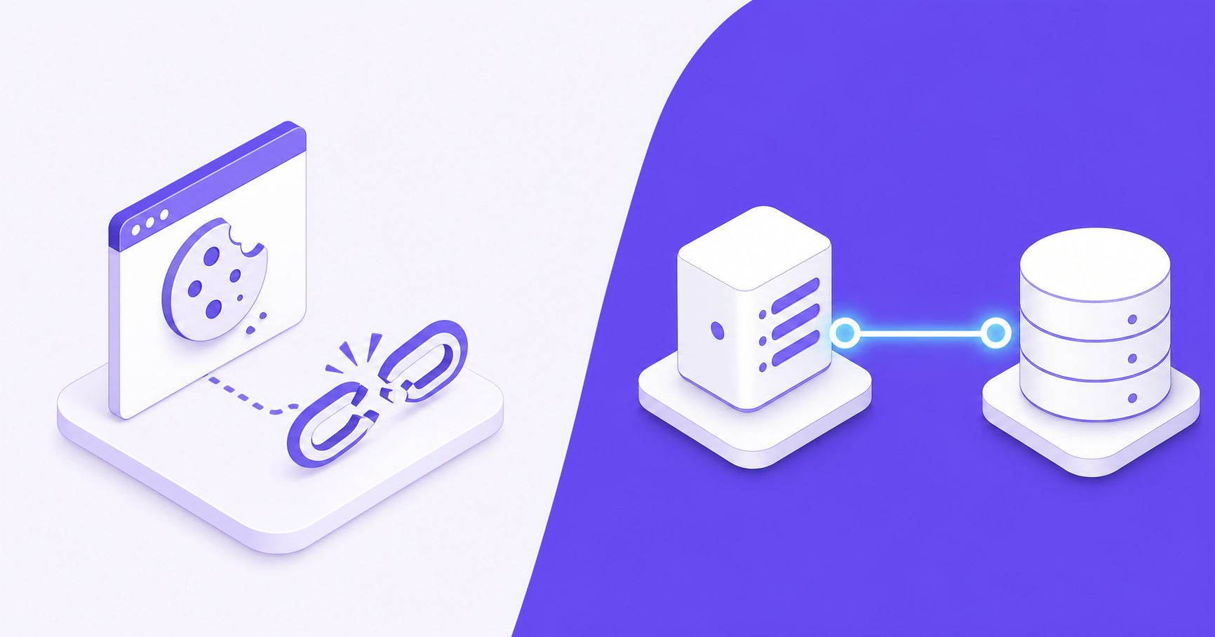 A clean isometric technical diagram showing two contrasting attribution paths side by side: on the left, a browser cookie symbol with a broken chain link indicating failure, representing blocked cookie-based tracking; on the right, a secure server node connected directly to a billing database with a solid, glowing connection line, representing server-side attribution success — depicted with a split composition, minimal flat design, blue and purple color palette, no text or labels, subtle shadow depth