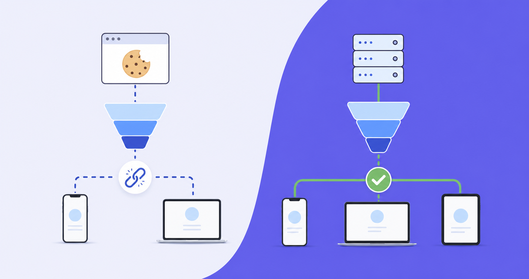 A clean, modern flat illustration showing two contrasting data flow paths side by side. On the left, a browser icon with a cookie symbol connecting to a conversion funnel, with a broken chain link indicating the connection fails when a device switch occurs — a smartphone and laptop shown disconnected. On the right, a server rack icon with a solid, unbroken connection line running through multiple devices (smartphone, laptop, tablet) all leading to a green checkmark at the conversion funnel. Soft blue and green color palette, minimal icons, no labels or text, professional SaaS aesthetic.