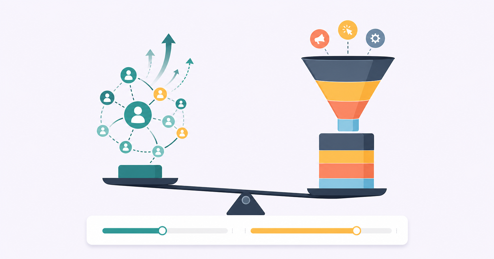A clean, modern flat illustration showing a balanced budget allocation model with two distinct channels. On the left, a referral growth channel represented by interconnected user nodes forming an organic network with upward-trending arrows and a compact cost block at the base. On the right, a paid acquisition channel represented by a funnel with stacked cost layers — ad spend, agency fees, tooling — growing taller. A central scale or balance beam tilts slightly toward the referral side, indicating lower cost-per-acquisition. Below both channels, a shared timeline bar showing payback periods, with the referral side's bar visibly shorter. Muted teal, amber, and slate tones on a light background. No text, no labels, no numbers.