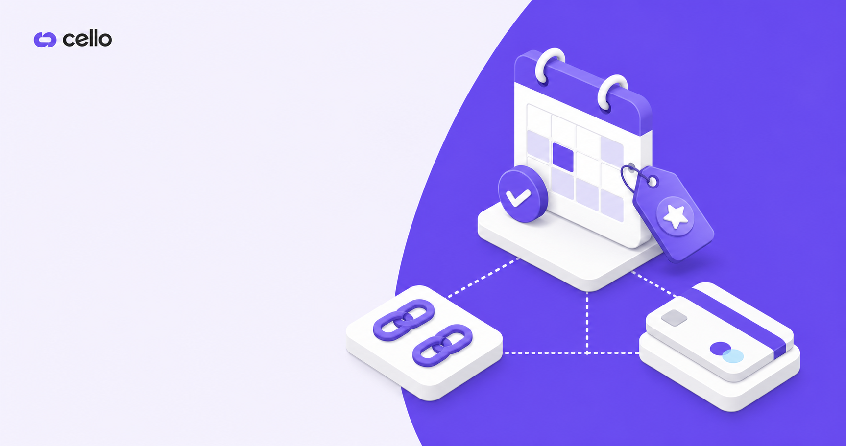 Isometric B2B SaaS illustration showing a flat monthly pricing model for an affiliate tracking platform: an isometric calendar or billing cycle icon with a fixed price tag, connected by dotted lines to affiliate link chain icons and a Stripe-style payment card. Color palette centered on deep purple (#704EF1) with white and soft blue-gray accents. Isometric 3D flat design style, no people, no text. Professional and modern tech aesthetic suitable for a SaaS pricing comparison blog post.
