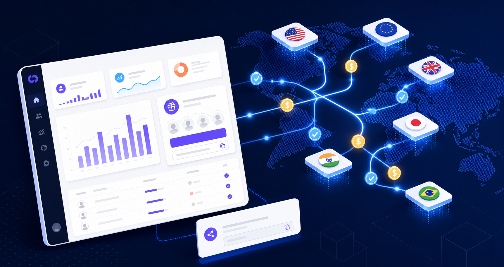 A clean, modern isometric illustration showing a SaaS product dashboard interface with a referral widget embedded inside it, connected by glowing data flow lines to a global network of country nodes representing cross-border payouts, with abstract currency symbols and verified checkmarks flowing along the connections, set against a deep navy and electric blue background with a minimal geometric style