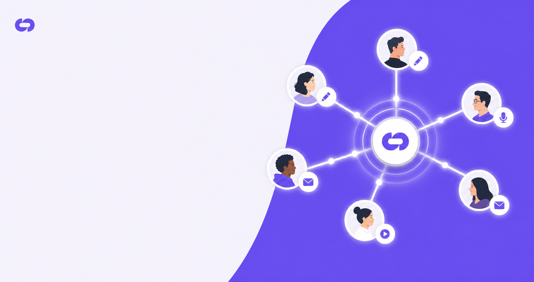 A clean flat-design illustration showing a network of diverse professionals connected by glowing lines, representing affiliate recruitment and partner activation. In the center, a central hub node radiates outward to surrounding nodes representing bloggers, consultants, newsletter operators, and YouTube creators, each shown as a small avatar with a distinct icon (pen, microphone, envelope, play button). The connections between nodes pulse with soft light suggesting active communication. Color palette is modern blue and purple with white backgrounds, no text or labels anywhere in the image.